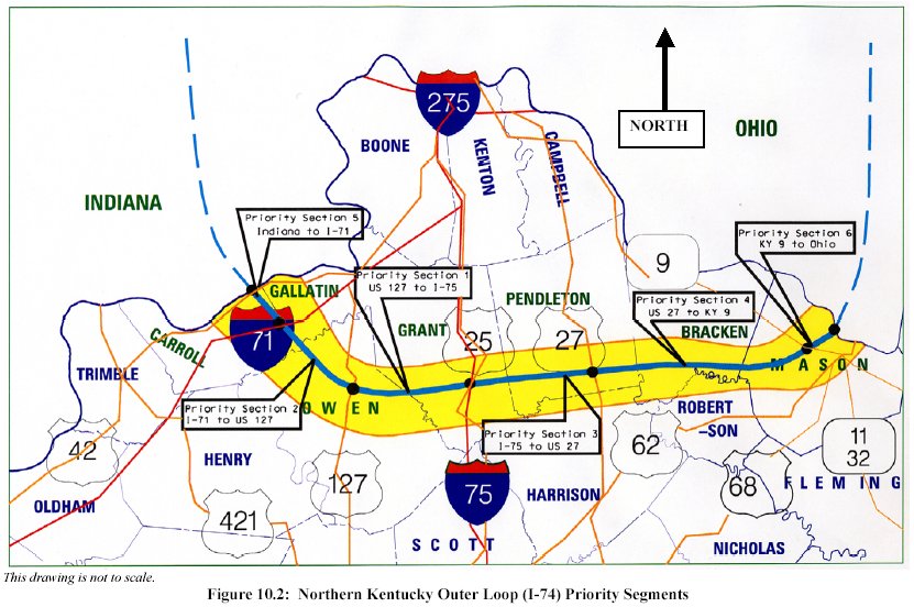 Map of the I-74 Northern Kentucky Outer Loop study region with priority segments identified.