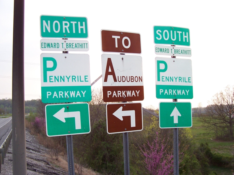 Signage for the Pennyrile and Audubon Parkways along KY 56 in Webster County.
