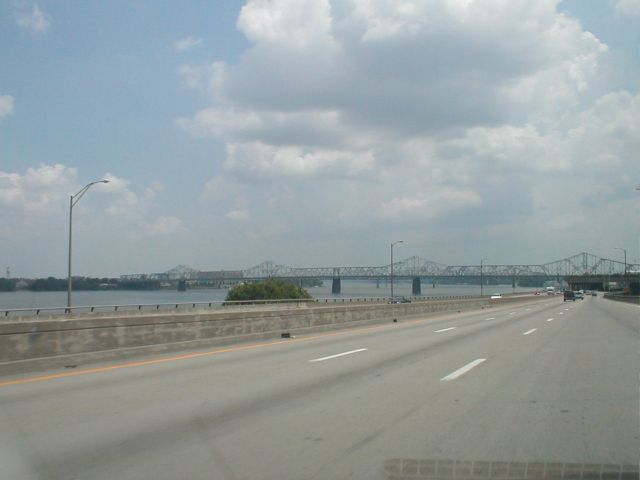 The US 31 George Rogers Clark Memorial Bridge/Second Street Bridge over the Ohio River in downtown Louisville, KY viewed from eastbound I-64 in downtown Louisville.