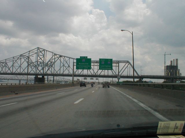 The US 31 George Rogers Clark Memorial Bridge/Second Street Bridge over the Ohio River in downtown Louisville, KY viewed from eastbound I-64 in downtown.