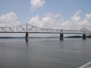 The US 31 George Rogers Clark Memorial Bridge/Second Street Bridge over the Ohio River in downtown Louisville, KY viewed from Waterfront Park.