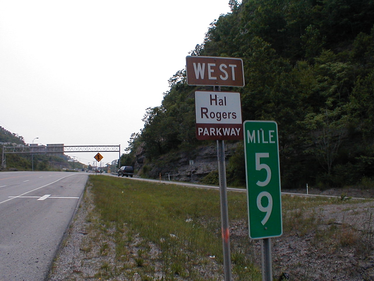 Close up of a "Hal Rogers Parkway" sign at mile post 59 (the eastern terminus) in Hazard.