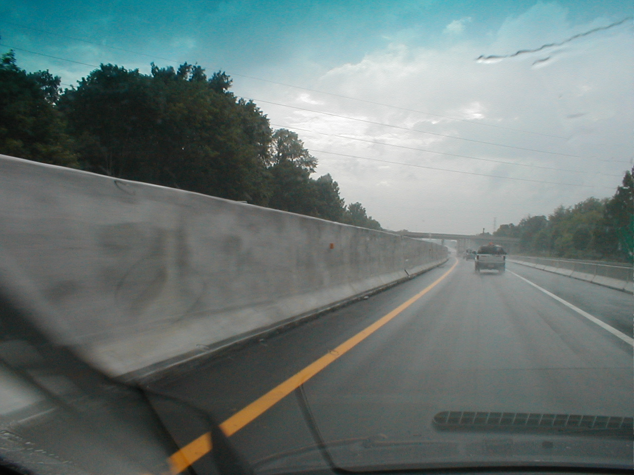 In the right lane of traffic during the unusual traffic split.