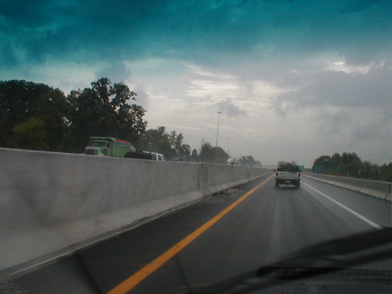 In the right lane of traffic during the unusual traffic split.