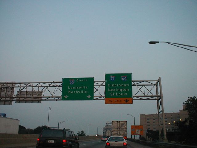 Entering the I-65 John F. Kennedy Bridge over the Ohio River at Louisville from the Indiana side.