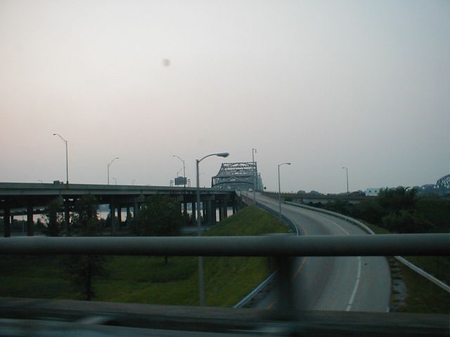 The I-65 John F. Kennedy Bridge over the Ohio River at Louisville viewed from east bound I-71.
