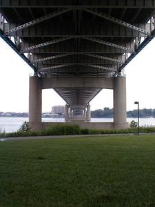 Facing north underneath the Kennedy Bridge at the I-64-I-65-I-71 Spaghetti Junction interchange.