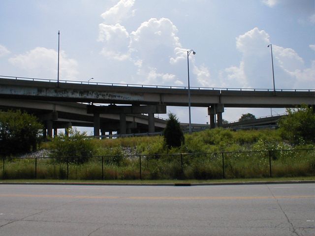 Underneath the Kennedy Bridge at the I-64-I-65-I-71 Spaghetti Junction interchange.