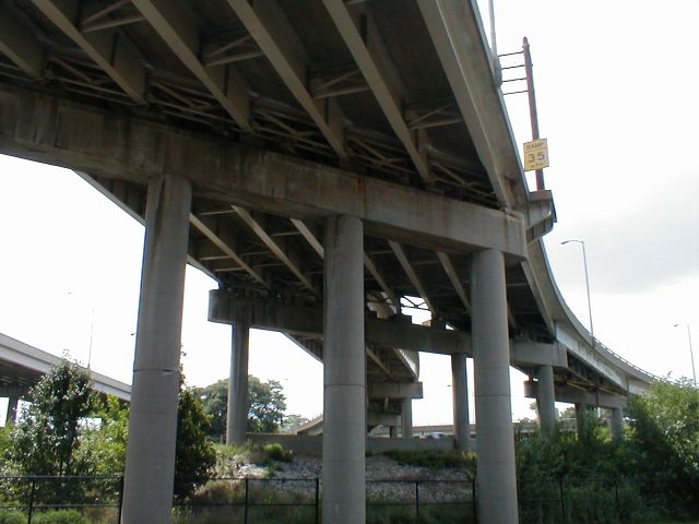 Underneath the Kennedy Bridge at the I-64-I-65-I-71 Spaghetti Junction interchange.