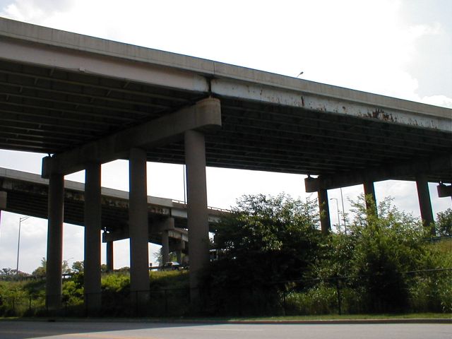 Underneath the Kennedy Bridge at the I-64-I-65-I-71 Spaghetti Junction interchange.
