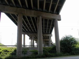 Underneath the Kennedy Bridge at the I-64-I-65-I-71 Spaghetti Junction interchange.
