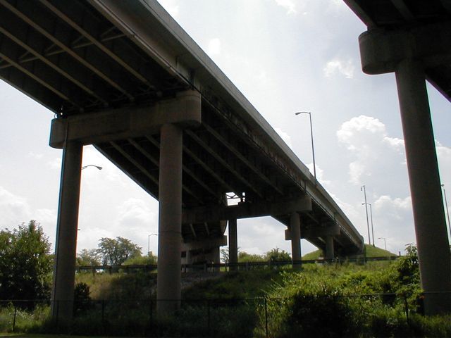 Underneath the Kennedy Bridge at the I-64-I-65-I-71 Spaghetti Junction interchange.