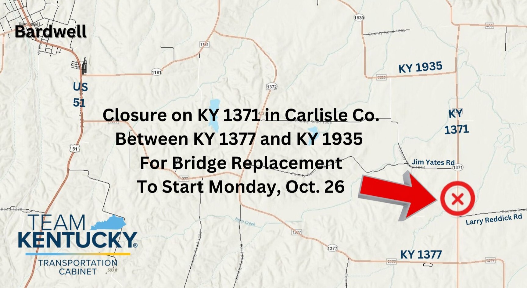 Map of the KY 1371 bridge replacement closure between KY 1377 and KY 1935 in Carlisle County (Kentucky Transportation Cabinet graphic)