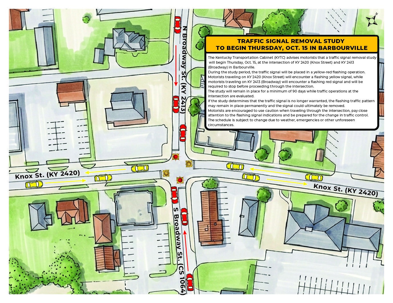 Map of the traffic signal removal study at KY 2420 (Knox Street) and KY 2413 (Broadway) in Barbourville (Kentucky Transportation Cabinet graphic)