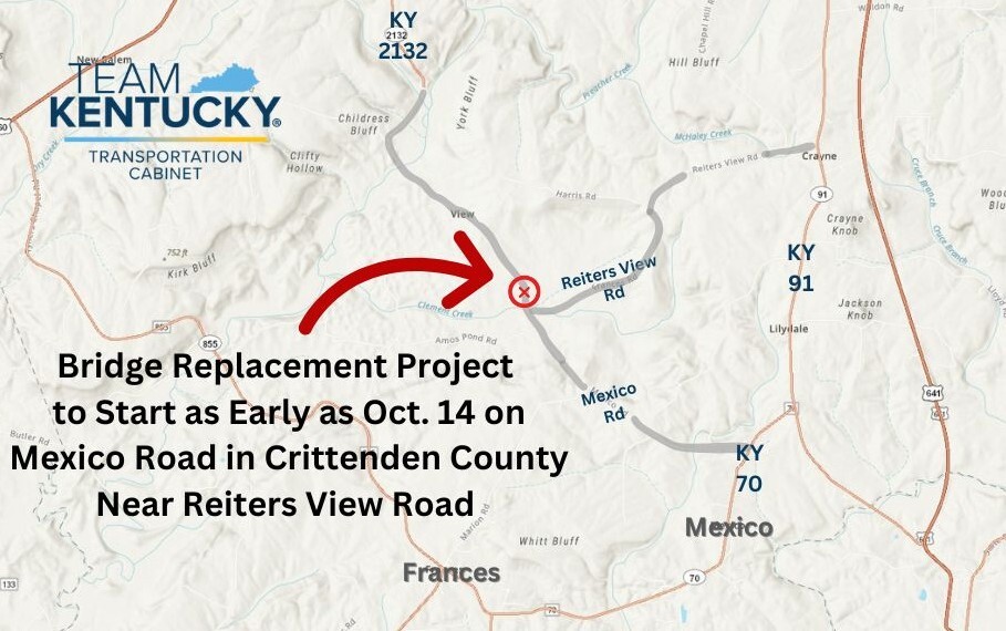 Map of the Mexico Road bridge replacement near Reiters View Road in Crittenden County (Kentucky Transportation Cabinet graphic)