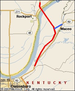 A map of northeast Daviess County, KY and southern Spencer County, IN showing the general area of the new US 231 and US 60.