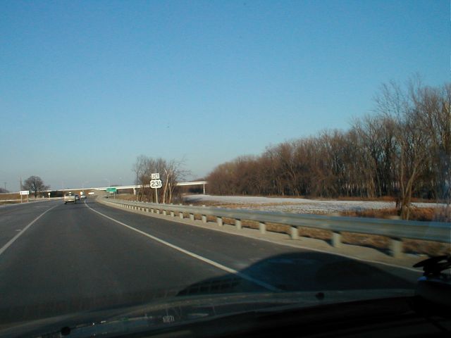 The US 231/Indiana 66 interchange at the Indiana approach to the bridge. (February 8, 2003)