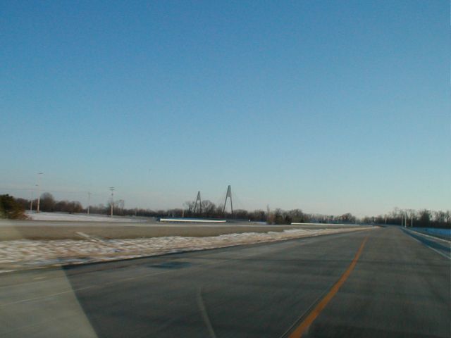 The US 231/Indiana 66 interchange at the Indiana approach to the bridge. (February 8, 2003)