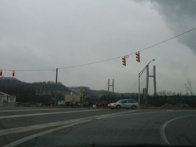 Looking towards the bridge from the US 52-US 62-US 68 intersection in Ohio north of the bridge.